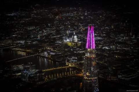 Jason Hawkes Shard in foreground, St Paul's in background