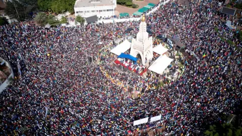 AFP An aerial view shows protesters gathering for a demonstration in the Independence square in Bamako on June 19, 2020.