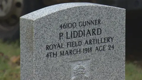 BBC Gravestone for Gunner Peter Liddiard who died during WW1