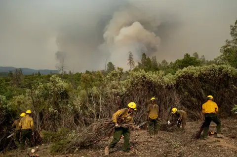 Getty Images Firefighters from the Big Bear Hotshots create a firebreak as the Ferguson fire approaches in the Stanislaus National Forest, near Yosemite National Park, California, on 21 July 2018