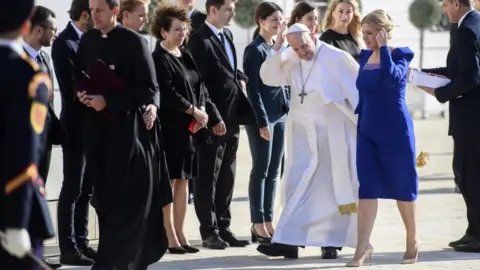 EPA Slovak President Zuzana Caputova (R) welcomes Pope Francis at the Presidential Palace in Bratislava