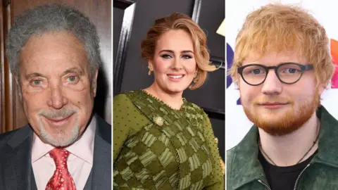 Getty, BBC News A composite image of the singers Sir Tom Jones, Adele and Ed Sheeran