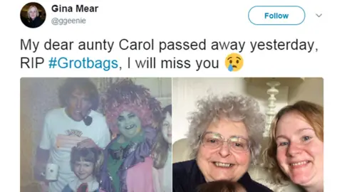Gina Mear/Twitter My dear aunty Carol passed away yesterday. RIP #Grotbags, I will miss you