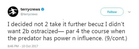 Twitter "I decided not 2 take it further becuz I didn't want 2b ostracized— par 4 the course when the predator has power n influence. (9/cont.)"