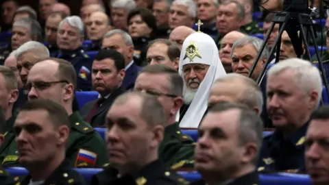 MIKHAIL KLIMENTYEV/Sputnik/AFP  Patriarch Kirill, head of the Russian Orthodox Church and a Putin ally, has blessed Russia's war effort