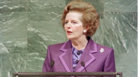 Getty Images Thatcher speaks to the UN in 1989