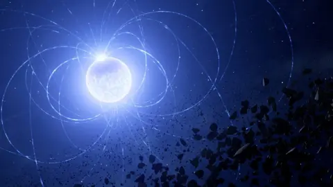 An artist’s impression of the magnetic white dwarf WD 0816-310 with a metal scar