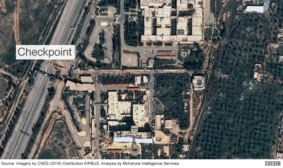 BBC Satellite image of a roadblock near a hospital, Eastern Ghouta