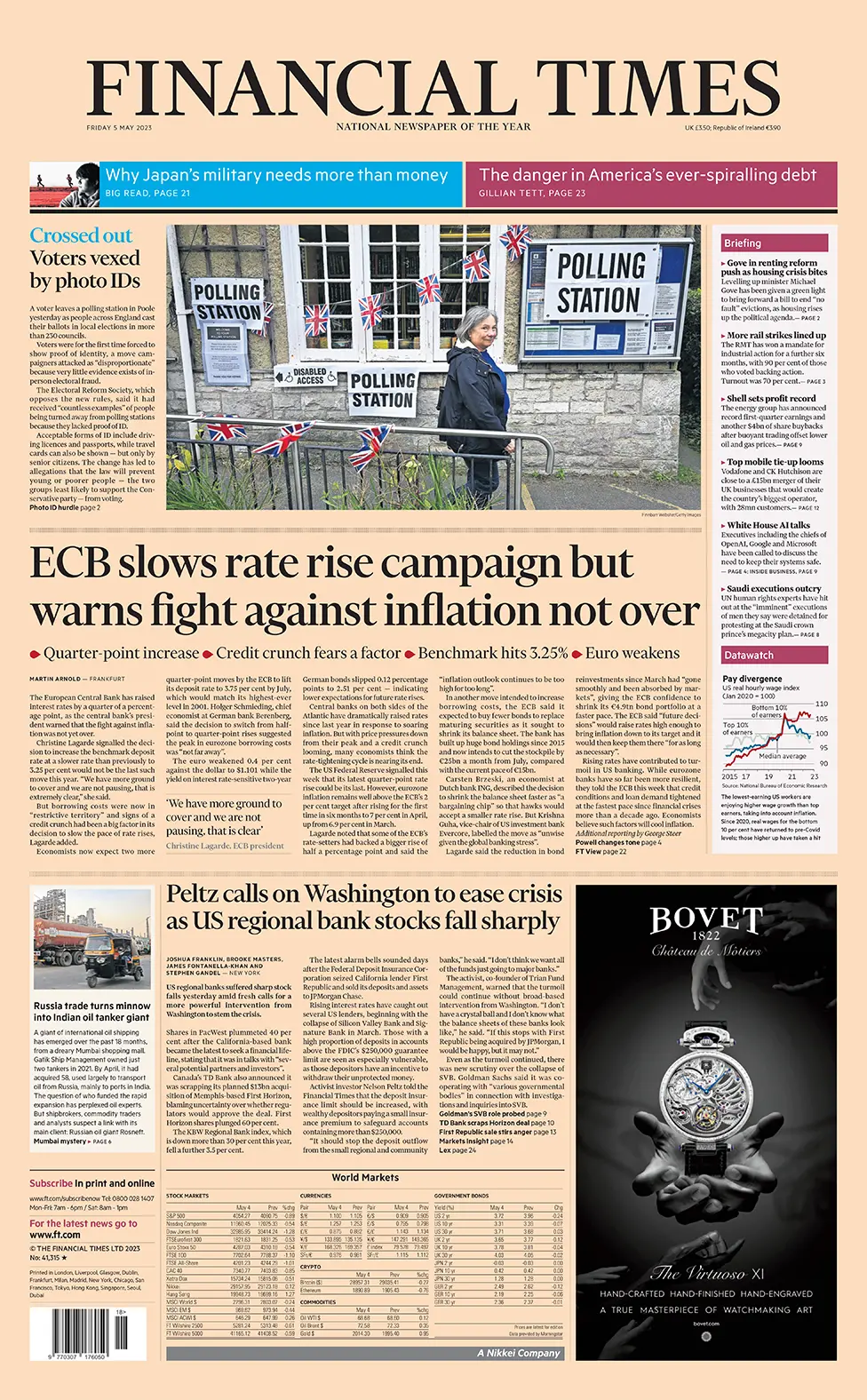 The headline in the Financial Times reads: "ECB slows rate rise campaign but warns fight against inflation not over"