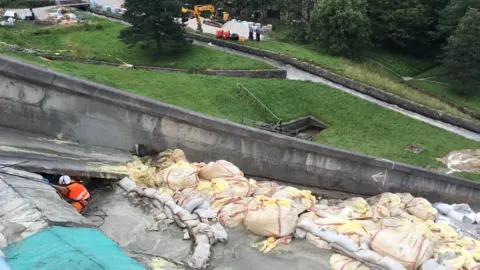 BBC Panorama View of spillway from the reservoir bridge