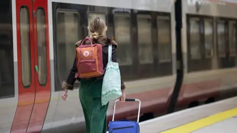 Passenger walking next to train