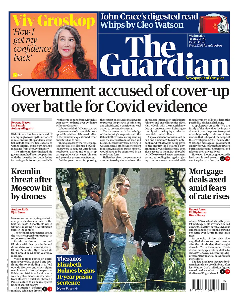 The headline in the Guardian reads: "Government accused of cover-up over battle for Covid evidence"