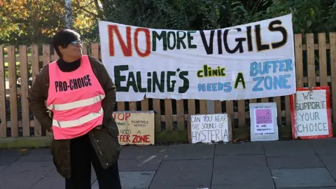 Getty Images Banners and protesters outside an abortion clinic in London in October 2017
