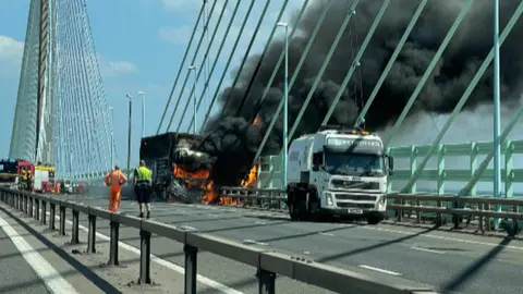 Matt Gough Lorry on fire on Princes of Wales M4 Bridge