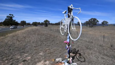 EPA A bicycle and flowers placed in tribute to Hall at the site of the crash beside a highway