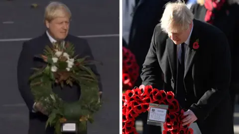 BBC/Getty PM Boris Johnson, pictured in 2016 and again on Sunday, at separate Remembrance Day services