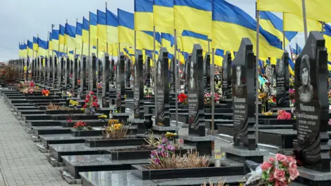 Vyacheslav Madiyevskyy/Future Publishing/Getty National flags fly above the graves of Ukrainian soldiers in Kharkiv