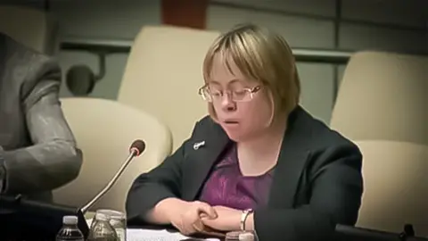 United Nations Sara Pickard speaking at the UN headquarters in New York