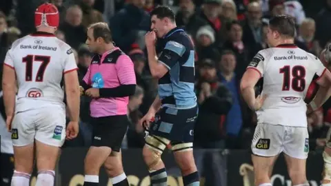 Cardiff Blues Seb Davies shown the yellow card