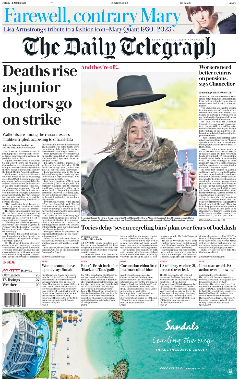 Daily Telegraph front, 14 April 2023