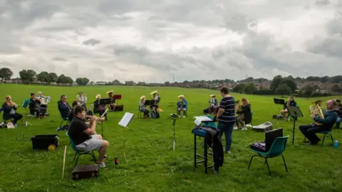 Huw Fairclough/Getty Images brass band socially-distanced