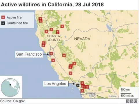 A map showing the location of California wildfires on 28 July 2018