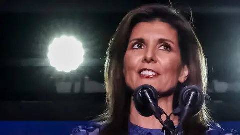 Nikki Haley headshot as she speaking in New Hampshire on 23 January