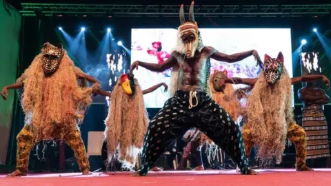 AFP Finalist of the Faso Don dancing contest, Mohamed Kassogue, performs on stage during the filming of the TV show on 6 October 2018.