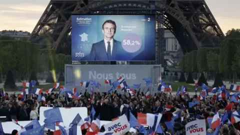 Getty Images Image shows Macron supporters before the Eiffel Tower