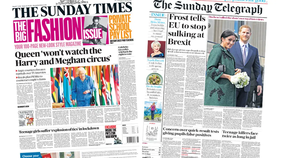 The Sunday Times and the Sunday Telegraph front pages 7 March 2021