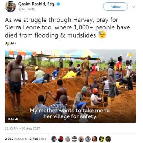 @MuslimIQ Qasim Rashid asked people on Twitter to 'pray for Sierra Leone' too after mud slides killed over 1000 people.