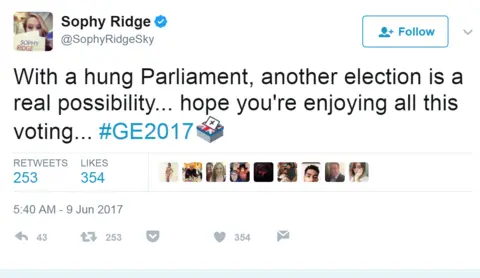 Twitter Tweet from @SophyRidgeSky: With a hung Parliament, another election is a real possibility... hope you're enjoying all this voting... #GE2017