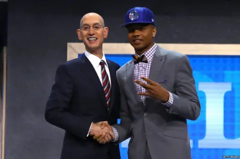 Getty Images Markelle Fultz shakes the hand of NBA commissioner Adam Silver at 2017 draft