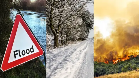 BBC Pictures of flooding, snowy weather and a countryside wildfire