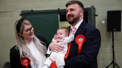 Reuters Chris Webb and his wife Portia hold their son Cillian Douglas Webb during the Blackpool South Parliamentary by-election