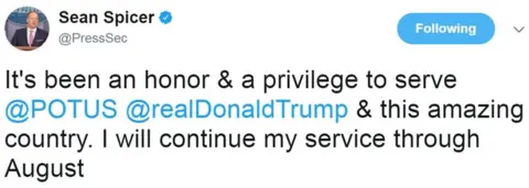 @PressSec "It's been an honor & a privilege to serve @POTUS @realDonaldTrump & this amazing country," Mr Spicer tweeted.