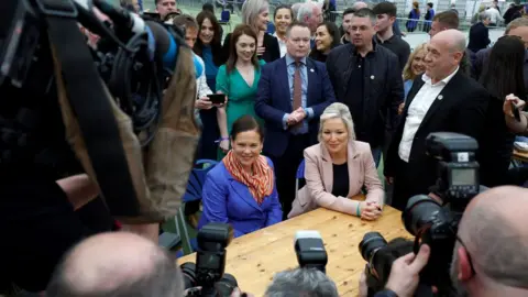 Reuters Sinn Féin deputy leader Michelle O'Neill and party leader Mary Louise McDonald meet the media at the Meadowbank Sports Arena count centre, in Magherafelt