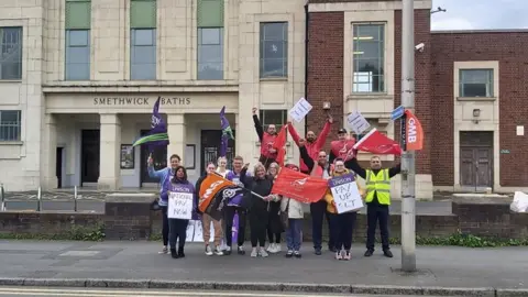 Sarah James GMB GMB Union members outside of the Smethwick Swimming Centre