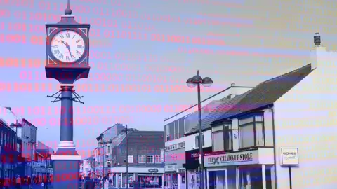 Getty Images Graphic showing computer code overlaid with an image of Redcar town centre