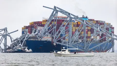A view of the Dali after crashing into the Francis Scott Key Bridge