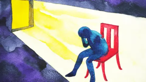 Getty Images Abstract painting of blue man sitting on a red chair with his head in his hands with sun coming through the window