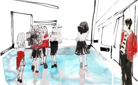 BBC Illustration of students in a school corridor