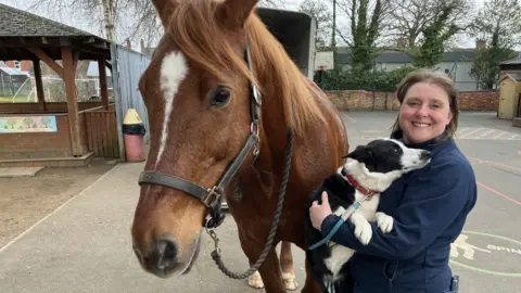 Ollie Conopo/BBC A brown horse, a black and white sheep dog and a woman dressed in blue in a school playground