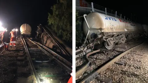 Network Rail Composite of two photographs showing the derailment and Network Rail staff at the scene