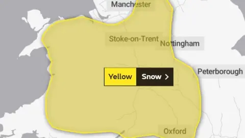 Met Office Map showing areas covered by warning