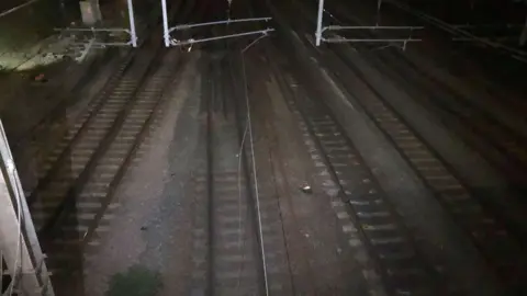 Damaged overhead power line across Stevenage railway