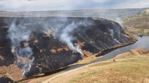 West Yorkshire Fire and Rescue Service Torched grassland at the Marsden Moor fire in April 2021