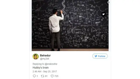 Twitter/@my2bit Blackboard with man writing sums. Caption reads 'hubby's brain'