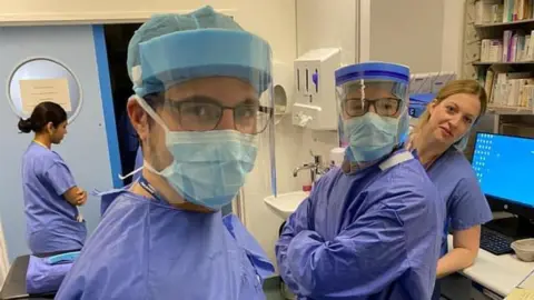 Dr Sonali Thakrar NHS staff wearing visors made by volunteers