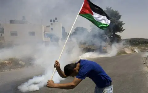 AFP Palestinian holds national flag amid tear gas in Nabi Saleh (file photo)